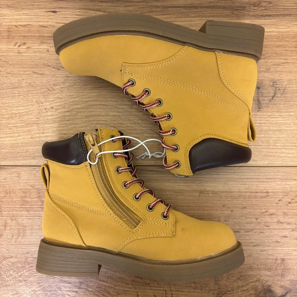 STEVE MADDEN JJumble Combat Boots Tan Kids Size 2 Side Zip Lace Up Low Heel